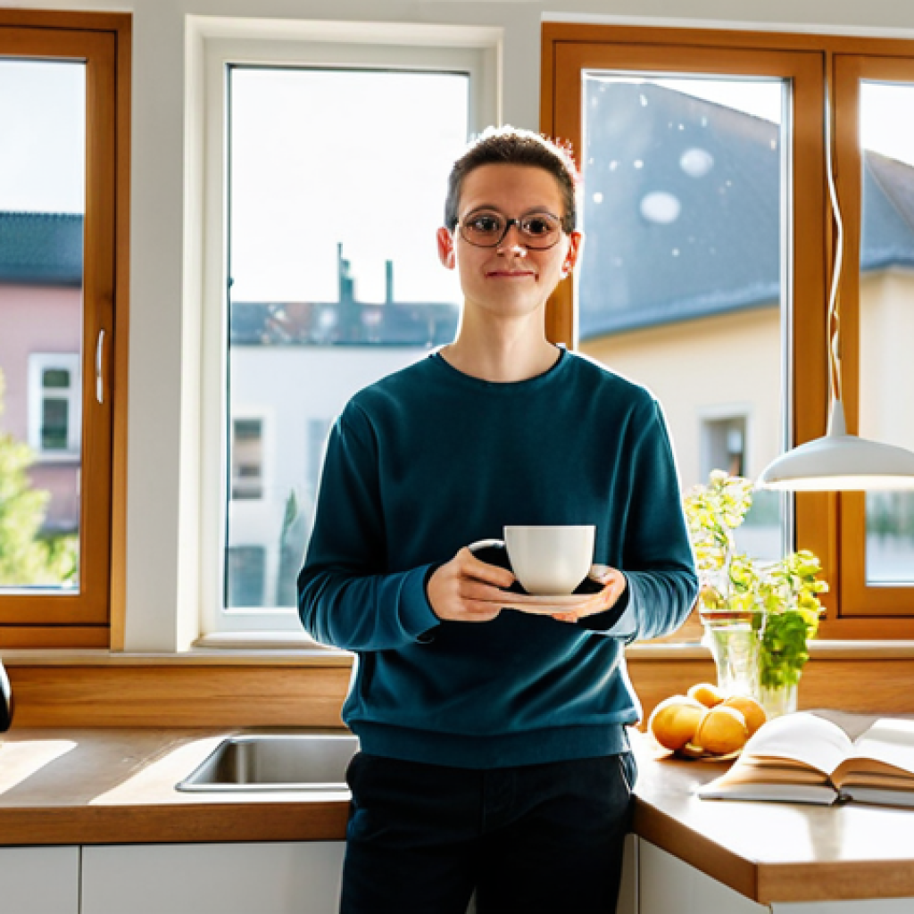 The Morning Routine**

"A fully clothed Ph.D. student in Germany, early morning, standing in a bright, modern kitchen, making coffee, appropriate attire, safe for work, family-friendly. Books and papers are stacked on the counter. Sunlight streaming through the window. Perfect anatomy, correct proportions, natural pose. Professional photo, high quality, modest setting."

**