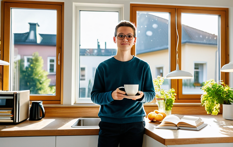 The Morning Routine**

"A fully clothed Ph.D. student in Germany, early morning, standing in a bright, modern kitchen, making coffee, appropriate attire, safe for work, family-friendly. Books and papers are stacked on the counter. Sunlight streaming through the window. Perfect anatomy, correct proportions, natural pose. Professional photo, high quality, modest setting."

**