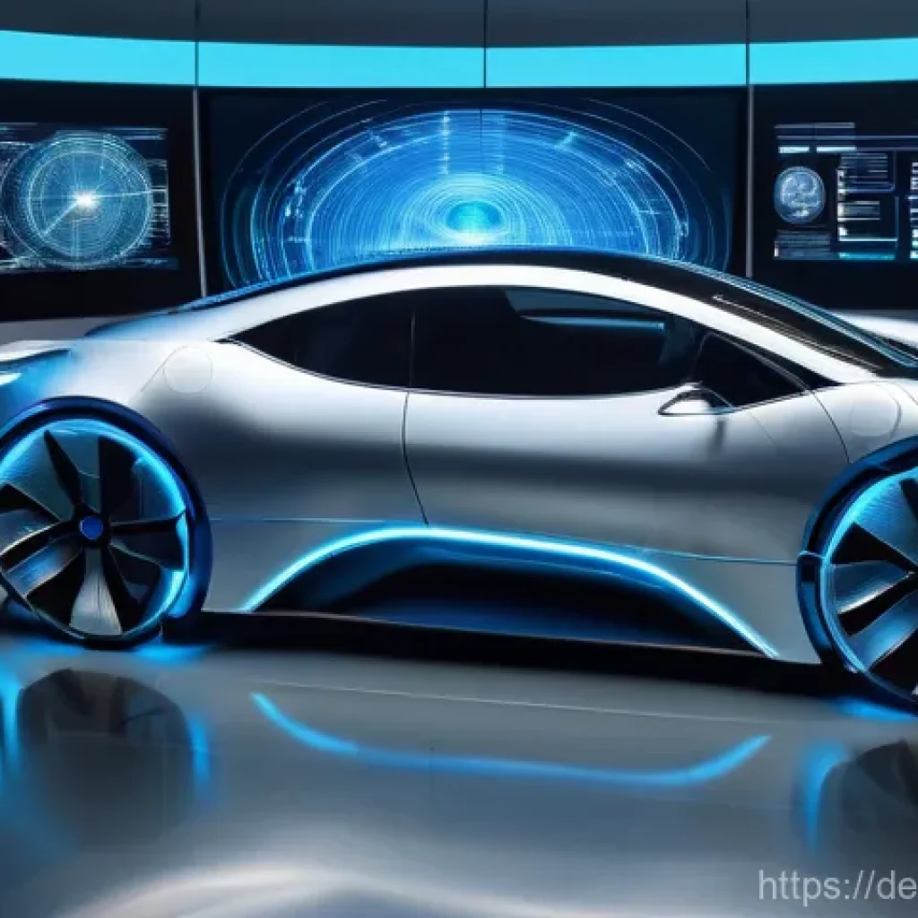 물리학 시뮬레이션 활용 사례 - **Prompt Title: Virtual Automotive Safety Testing in a High-Tech Lab**
    "A sleek, futuristic silv...