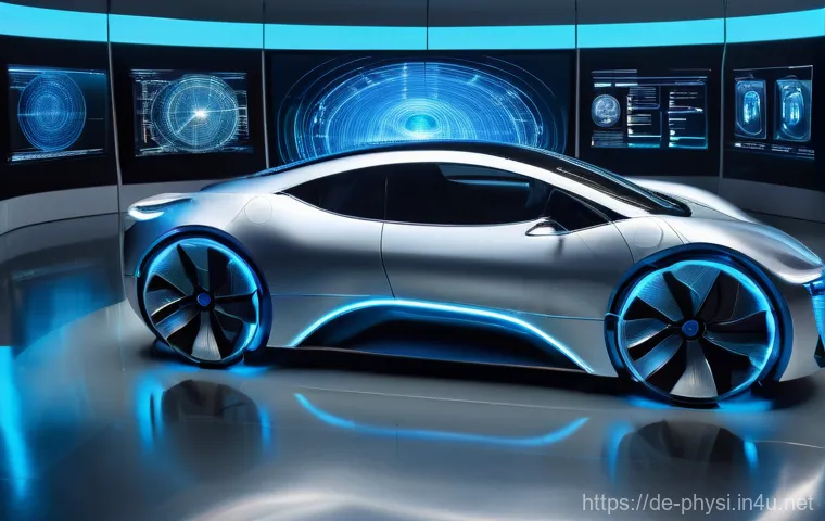 물리학 시뮬레이션 활용 사례 - **Prompt Title: Virtual Automotive Safety Testing in a High-Tech Lab**
    "A sleek, futuristic silv...