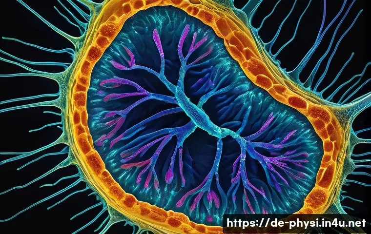 물리학과 생물학의 융합 연구 - A highly detailed scientific illustration of a living human cell under fluorescence lifetime microsc...