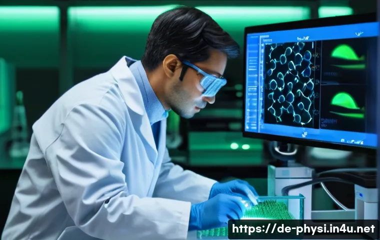 물리학과 학제 간 연구 - A highly detailed laboratory scene showcasing interdisciplinary research in biophysics: a scientist ...