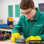 물리학 실험 장비 사용법 - A detailed classroom laboratory scene featuring a German physics student carefully calibrating a dig...