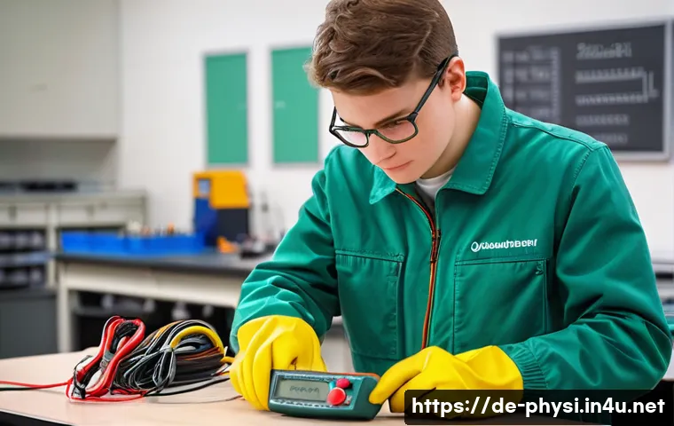 물리학 실험 장비 사용법 - A detailed classroom laboratory scene featuring a German physics student carefully calibrating a dig...