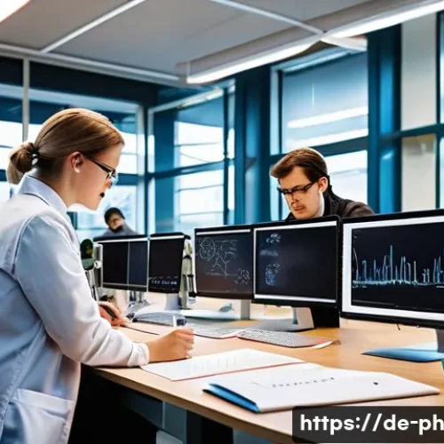 물리학 학문적 커리어와 산업적 커리어 비교 - A detailed image of a modern academic physics laboratory setting in Germany, showing a diverse team ...