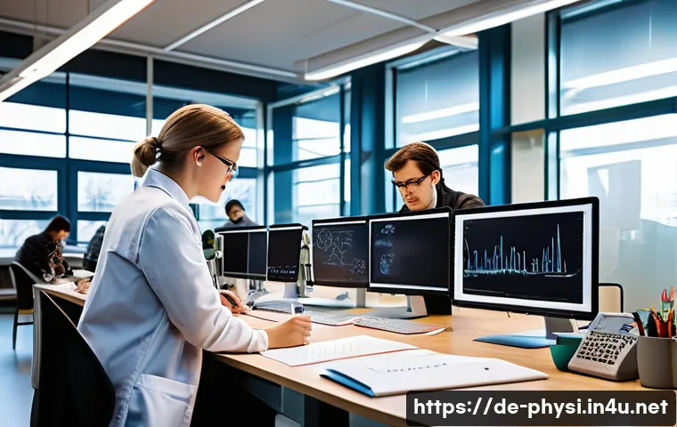 물리학 학문적 커리어와 산업적 커리어 비교 - A detailed image of a modern academic physics laboratory setting in Germany, showing a diverse team ...