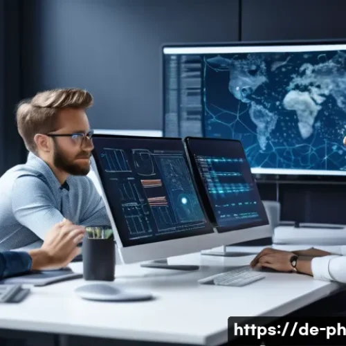 물리학자 커리어 전환 성공 사례 - A modern office environment showing a diverse group of professional physicists collaborating on soft...