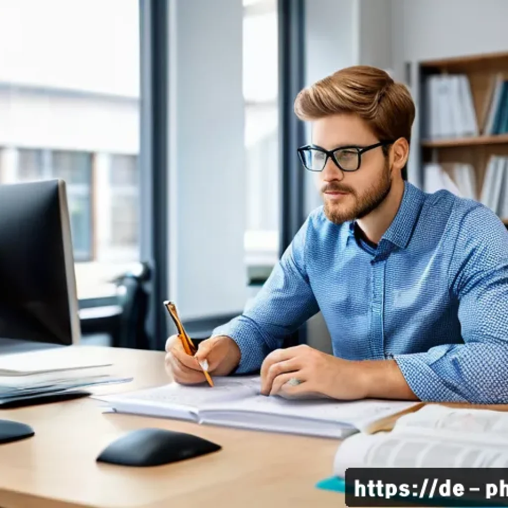 물리학자의 일과 시간 관리 - A modern academic office scene featuring a focused young scientist working at a sleek desk with dual...